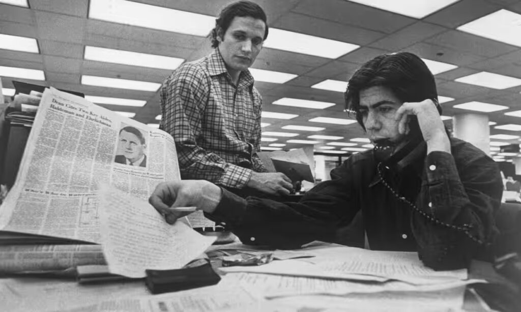 Carl Bernstein with Bob Woodward during the Watergate investigation