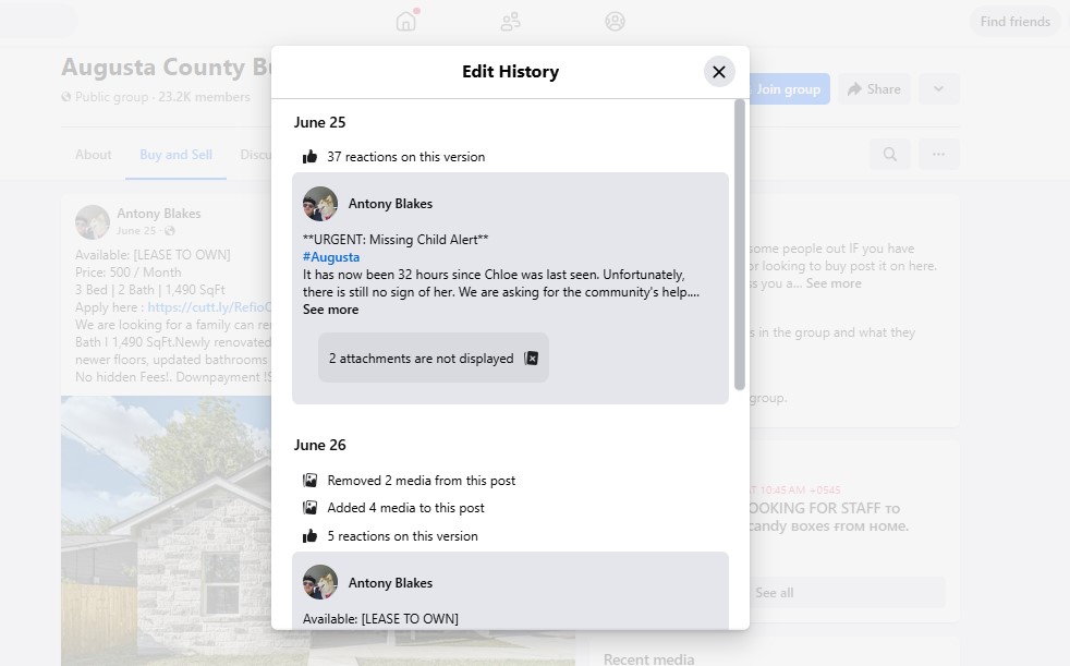 Chloe's missing post was later edited to real estate post