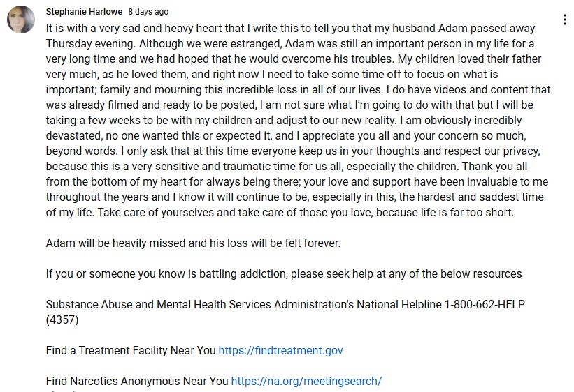 Stephanie Harlowe shared the news of Adam's demise via YouTube