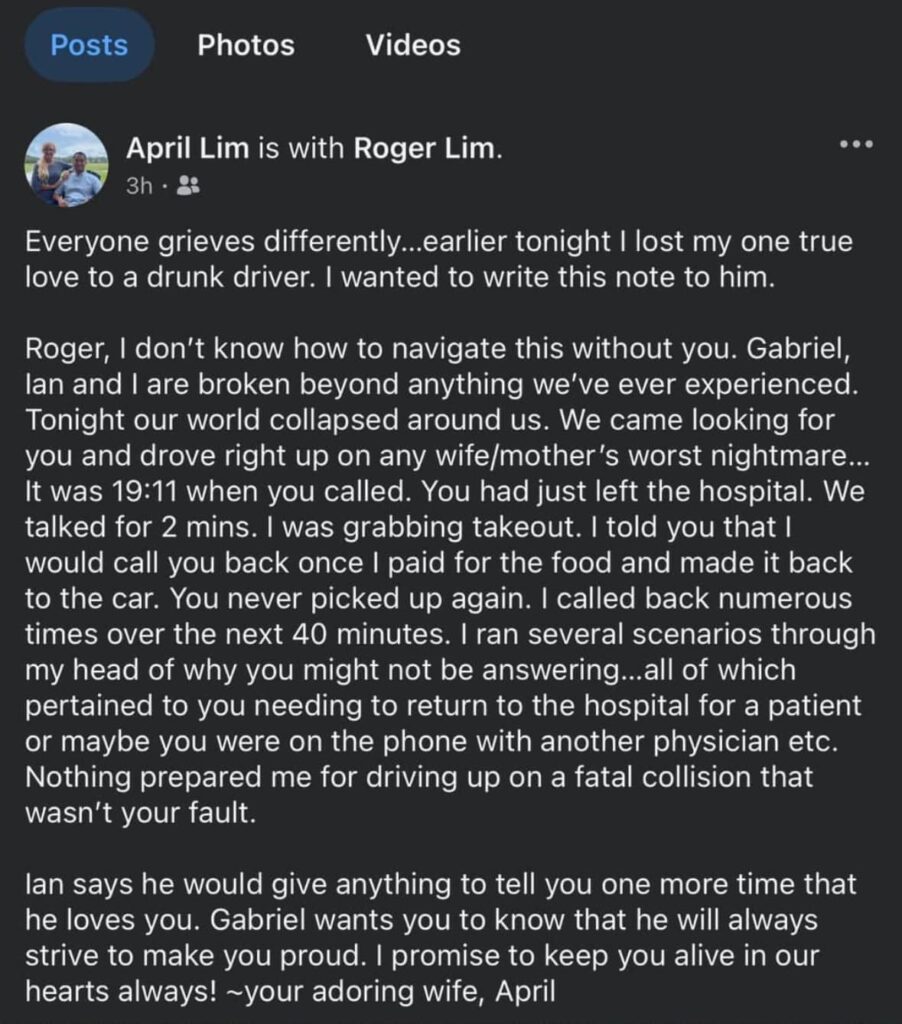 Following his demise, Roger Lim's wife, April, recounted the memory in a touching post